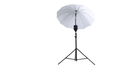 Professional studio photography umbrella lighting equipment with softbox and light stand for portrait, fashion, and product photoshoot setup on white background