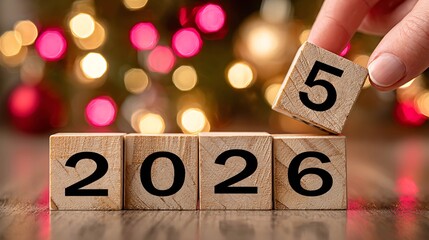  Wooden Blocks Changing from 2025 to 2026 with Festive Lights , New Year Celebration and Motivation Concept.