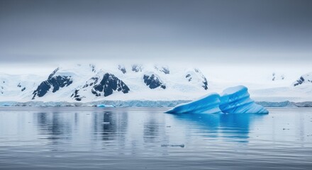 Vibrant blue iceberg floating in the arctic ocean. Majestic antarctic landscape with snowy mountains. Climate change and global warming awareness. Polar exploration and environmental travel