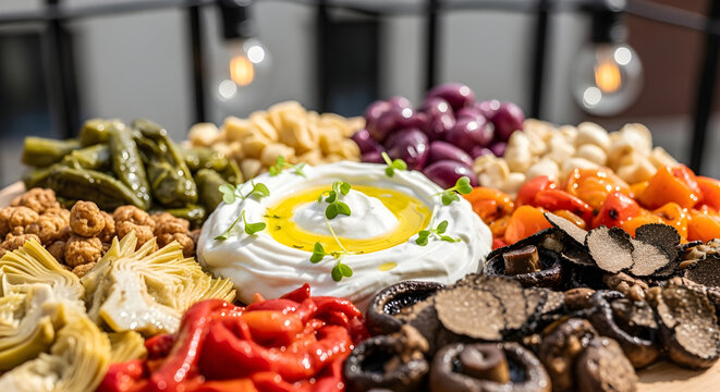 Elegant platter of mediterranean appetizers with vegetables and cheese