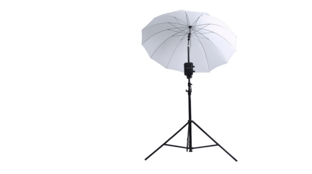 Professional studio photography umbrella lighting equipment with softbox and light stand for portrait, fashion, and product photoshoot setup on white background