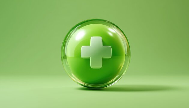 Realistic Green Add, Plus, Medical Cross, Loading, And Sphere In Glassmorphism: Render Of First Aid And Eco Care Ui With Glass Overlay Plastic.