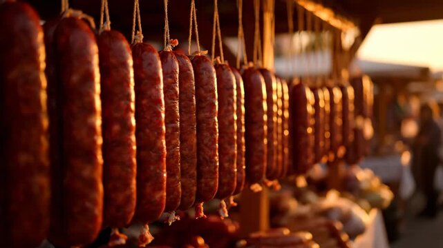 Hanging Sausages at Outdoor Market - This close-up shot features a row of sausages hanging on display at an outdoor market.