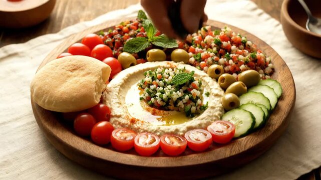 Hummus Plate with Tabouli and Vegetables - A wooden plate filled with hummus being topped with tabouli salad, surrounded by tomatoes, cucumber slices, olives, and pita bread, set against a neutral