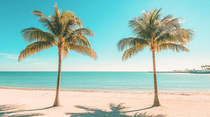 Fototapeta premium Two palm trees casting shadows on tropical beach in florida keys