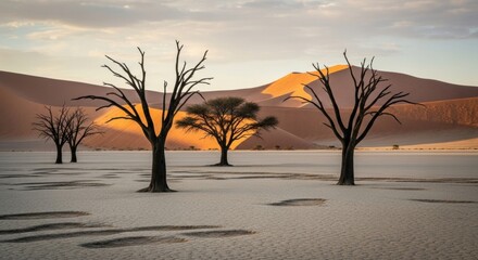 Surreal Namibian landscape with ancient dead trees in Deadvlei. Golden hour light on massive orange sand dunes at sunrise. Concept of climate change and survival. Arid desert environment