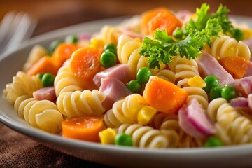 Delicious pasta salad with rotini, ham, corn, peas, and carrots, garnished with fresh parsley. Colorful, healthy meal full of flavor and texture, perfect for lunch or dinner.