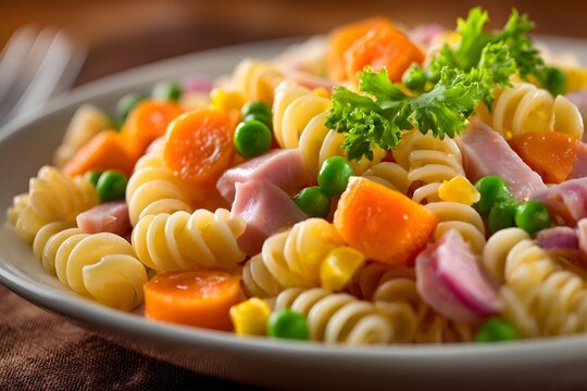 Delicious pasta salad with rotini, ham, corn, peas, and carrots, garnished with fresh parsley. Colorful, healthy meal full of flavor and texture, perfect for lunch or dinner.