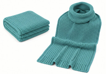 Blank Aqua knitted scarf folded and unfolded mockup set, isolated, 3d rendering. Empty christmas apparel mock up. Clear soft handmade neckerchief template 