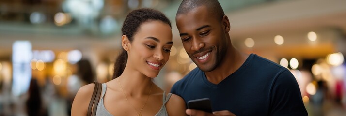 Smiling young african couple shopping and looking at smartphone