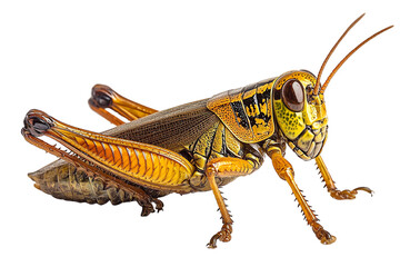Fototapeta premium Detailed close-up of a vibrant grasshopper on a white isolated background.