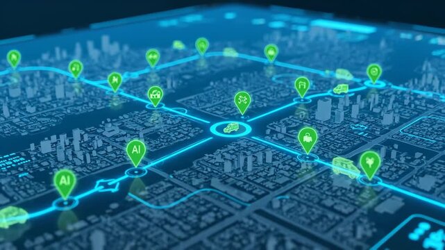 Autonomous Vehicle Navigation System on Digital City Map - A stylized digital city map shows green location pins and glowing blue lines indicating routes. - Powered by Adobe