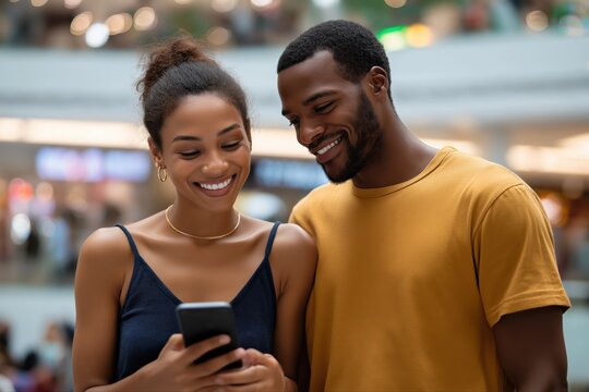 African young couple smiling at smartphone in shopping mall