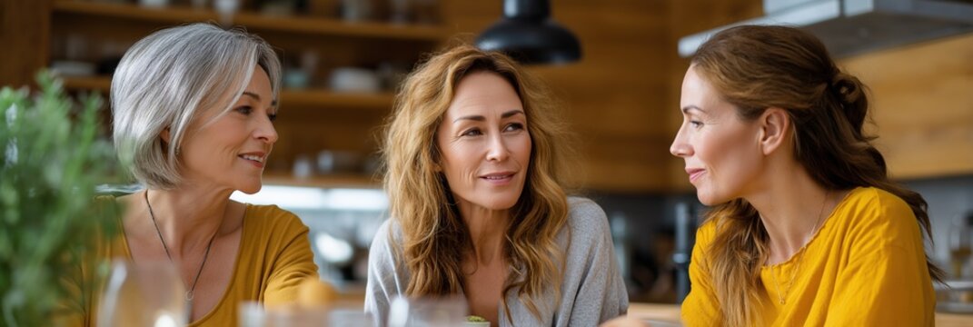 Three caucasian women engaging in conversation in a warm kitchen setting - Powered by Adobe