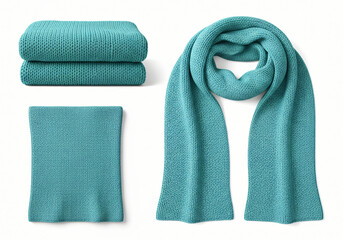 Blank Aqua knitted scarf folded and unfolded mockup set, isolated, 3d rendering. Empty christmas apparel mock up. Clear soft handmade neckerchief template 