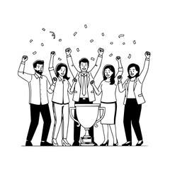 Happy professional business team celebrating corporate success with a grand trophy and falling confetti an achievement illustration for landing pages