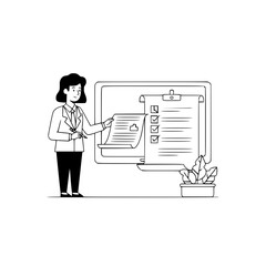 Professional smiling businesswoman presenting checklist data on a digital screen with detailed information for business analysis and task management landing page illustration