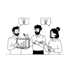 Diverse business professionals collaborate discussing ideas and presenting data charts in a dynamic team brainstorming landing page illustration