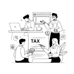 Professional finance individuals collaborating on tax preparation and financial analysis in an organized modern office workspace featuring a large tax document laptops calculators and charts