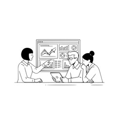 Diverse business professionals analyzing data on a large dashboard screen during a strategic meeting an insightful landing page illustration