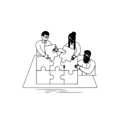 Professional diverse team of three people collaboratively assembling a large jigsaw puzzle on a flat surface demonstrating teamwork and problem-solving skills illustration for a landing page