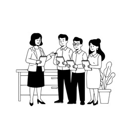 Female manager leads diverse business team discussing notes in a contemporary office with desk and plant a modern black and white flat vector illustration for landing pages