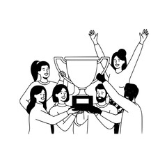 team, success, celebration, victory, trophy, achievement, winner, corporate, business, people, group, employees, staff, colleagues, work, office, diverse, happy, joyful, excited, triumph, award, prize