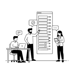 Professionals collaborating on digital data analysis displaying website performance on an interactive dashboard