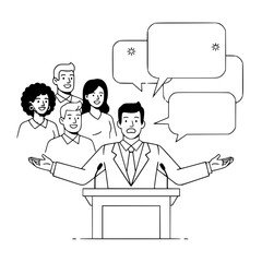 Professional male speaker delivering a presentation to a diverse audience with interactive speech bubbles in a modern business communication illustration for a landing page