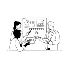 Diverse business professionals collaborate analyzing digital data on a large screen displaying charts and graphs for strategic decision making