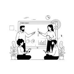 Diverse business team collaborating on financial budget planning with a large interactive screen in a modern office setting illustration