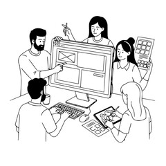Diverse creative professionals collaborating and developing a landing page illustration on a modern office workspace desktop computer display