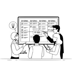 Diverse business team collaborating on annual objectives in a modern office environment illustrating quarterly goal planning and idea generation