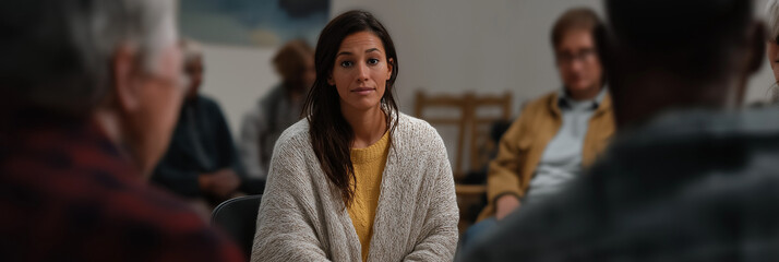 A woman engaged in a group meeting environment, encapsulating vulnerability and strength as she shares her thoughts in a supportive setting.