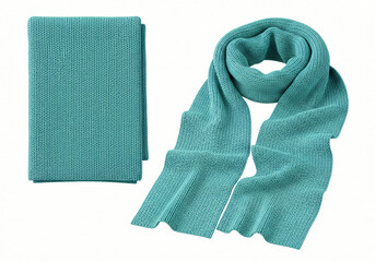 Blank Aqua knitted scarf folded and unfolded mockup set, isolated, 3d rendering. Empty christmas apparel mock up. Clear soft handmade neckerchief template 