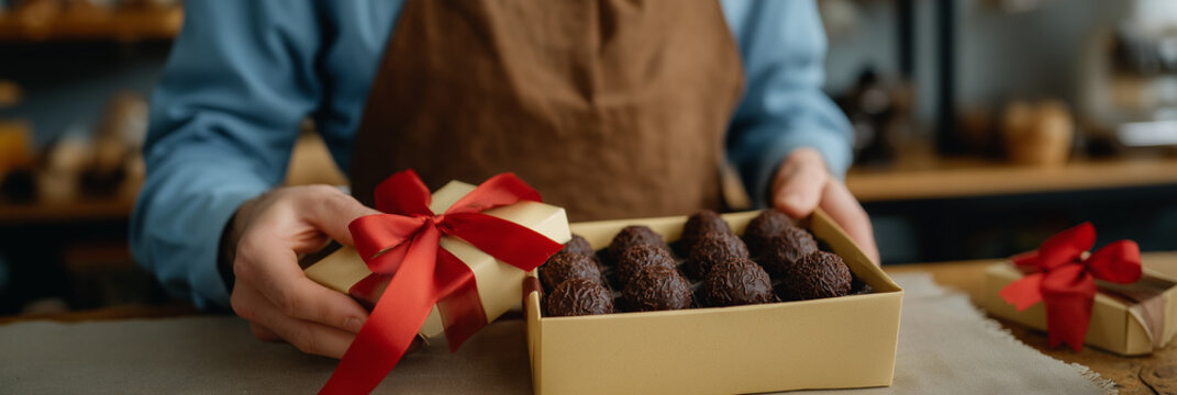 An elegant gift box filled with artisanal chocolate truffles, beautifully wrapped with a red ribbon, perfect for expressing love, gratitude, or celebration on special occasions. - Powered by Adobe