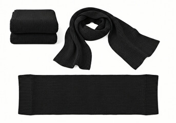 Blank black knitted scarf folded and unfolded mockup set, isolated, 3d rendering. Empty christmas apparel mock up. Clear soft handmade neckerchief template 