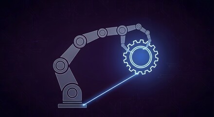 Robotic arm holding a gear in a futuristic setting