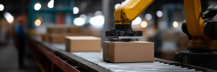 Fototapeta premium This image captures a robotic arm efficiently moving packages along a conveyor belt within a bustling factory environment, emphasizing automation and modern industrial processes.