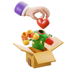 Donation box with camera and heart icons. 3D illustration.