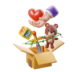 Donation gift box with toys and hearts. 3D illustration.