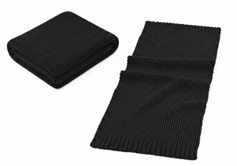 Blank black knitted scarf folded and unfolded mockup set, isolated, 3d rendering. Empty christmas apparel mock up. Clear soft handmade neckerchief template 
