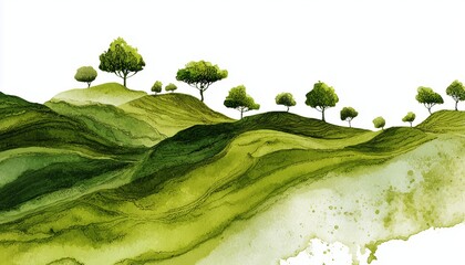 Green Hills And Fields With Tree Planting From Water Stains On A White Background: Think Green, Ecology, Environmental Awareness