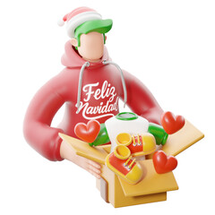 Volunteer carrying a donation box with supplies. 3D illustration.