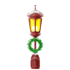 Vintage street lamp wrapped with festive wreath and ribbon. 3D illustration.