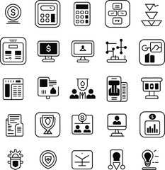 business, finance, icons, technology, data, analytics, dollar, calculator, chart, gear, mobile, web, document, people, growth, strategy, security, innovation, management, planning
