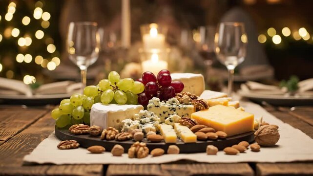 Festive Cheese Board Arrangement - A close-up shot of a wooden serving board piled high with assorted cheeses, grapes, and nuts, presented on a rustic wooden table.