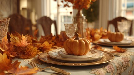 Naklejka premium Dining table decorated for Thanksgiving, autumn leaves, pumpkin centerpiece, ultra detailed 8k