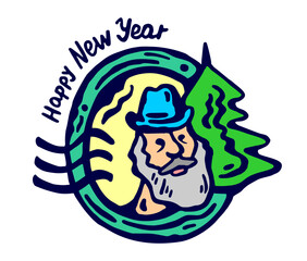 Color illustration of a festive new year stamp, with santa claus and christmas tree and a signature of wishes for a happy new year, on a white isolated background