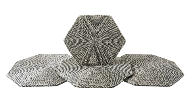 Set of four hexagonal woven placemats isolated on transparent background